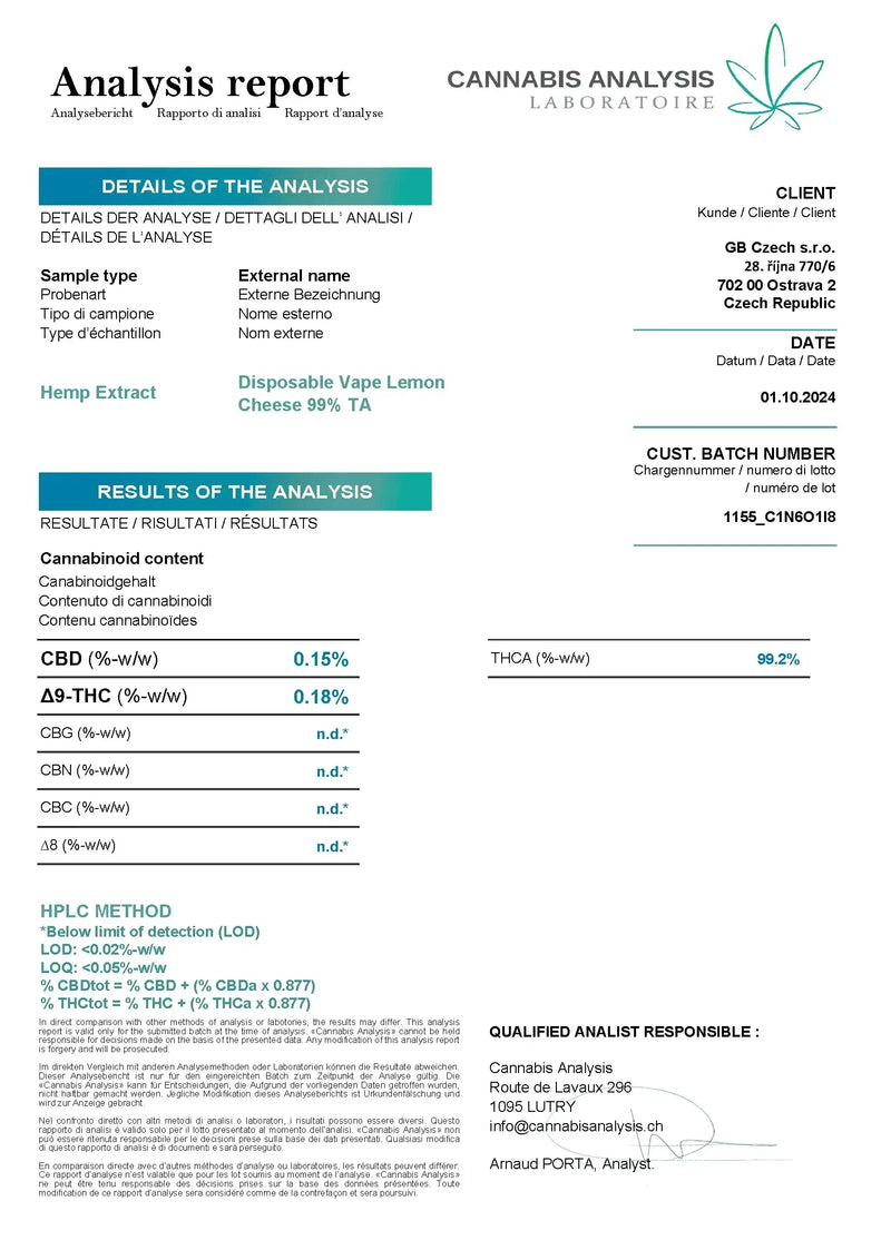 Labbrapport för THCA vape Lemon Cheese – 99% THCA, testad och godkänd enligt svensk lag.