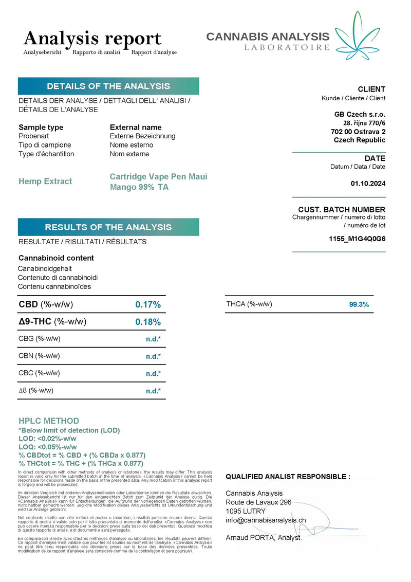 THCA Sverige Vape Labbrapport för Maui Mango 99% THCA, testad och godkänd enligt svensk lag.