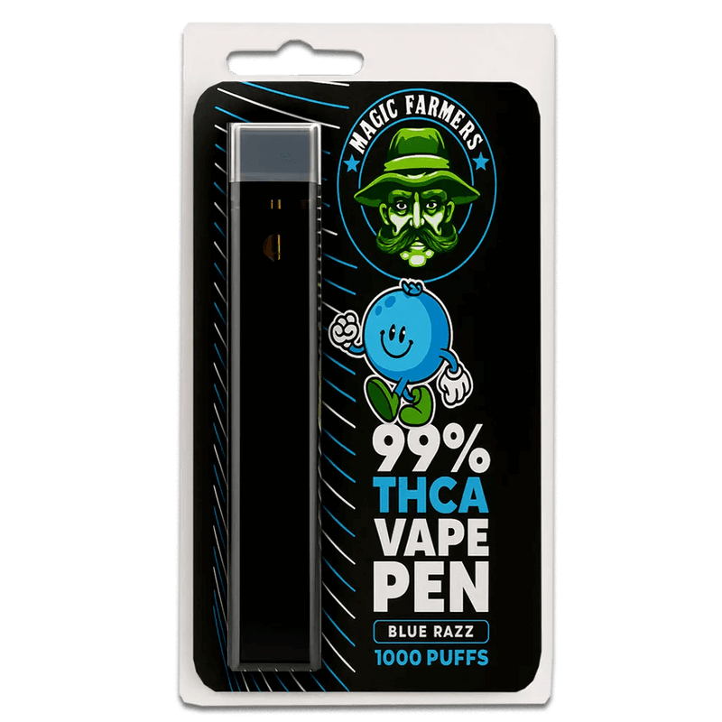 Köp THCA vape blue razz 99.4% från Magic Farmer – 1000 puffar, testad & laglig i Sverige.  