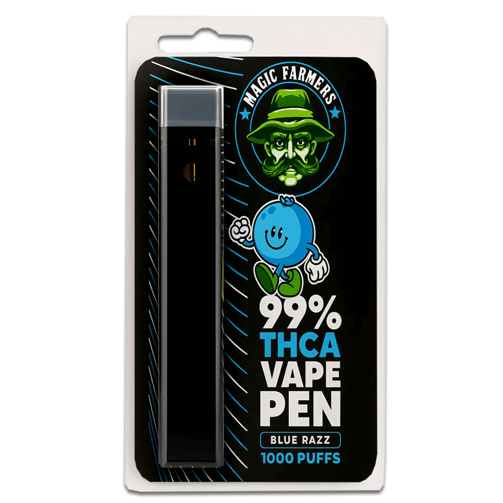 Köp THCA vape blue razz 99.4% från Magic Farmer – 1000 puffar, testad & laglig i Sverige.  