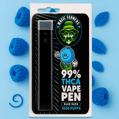 Köp THCA vape pen blue razz 99 % – 1000 puffs söt smak laglig i Sverige
