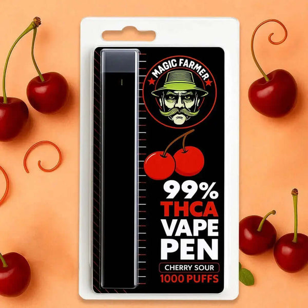 THCA vape pen Cherry Sour 99 % – 1000 puffs med syrlig körsbärssmak, laglig i Sverige